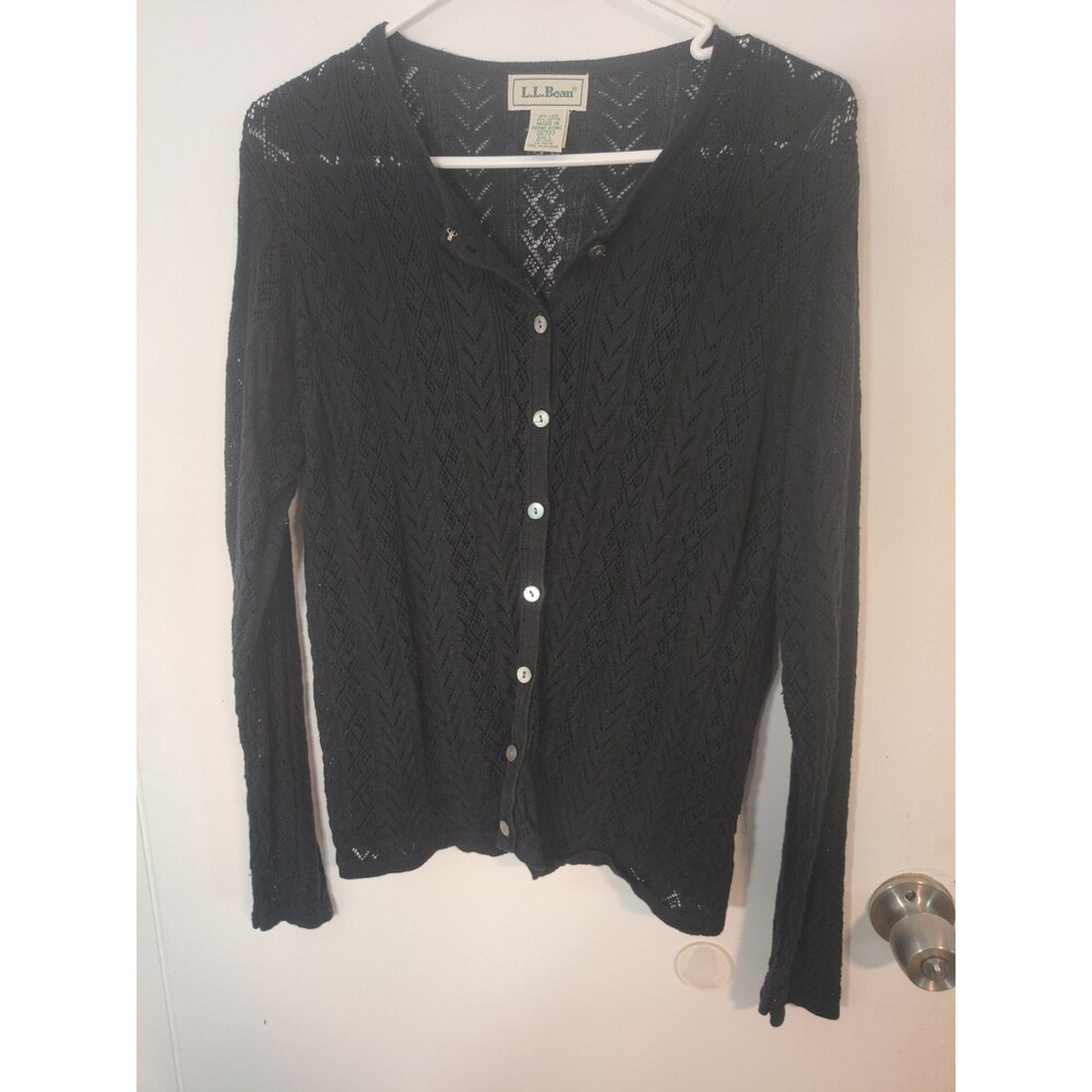 L.L.Bean Women Medium Open Knit Linen Cotton BlendButton Cardigan Sweater L Navy